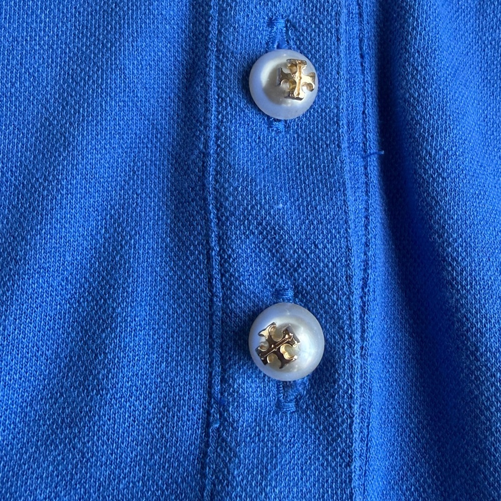 Tory Burch Blue Ruffle Collar Polo with Logo Buttons - Picture 5 of 9